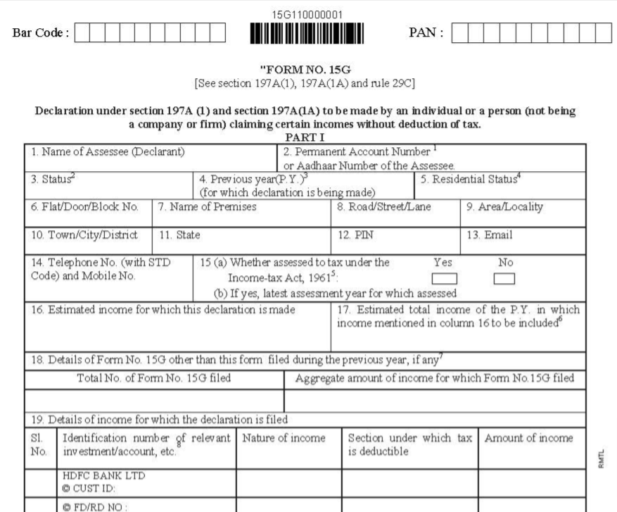 15G Form for HDFC Bank
