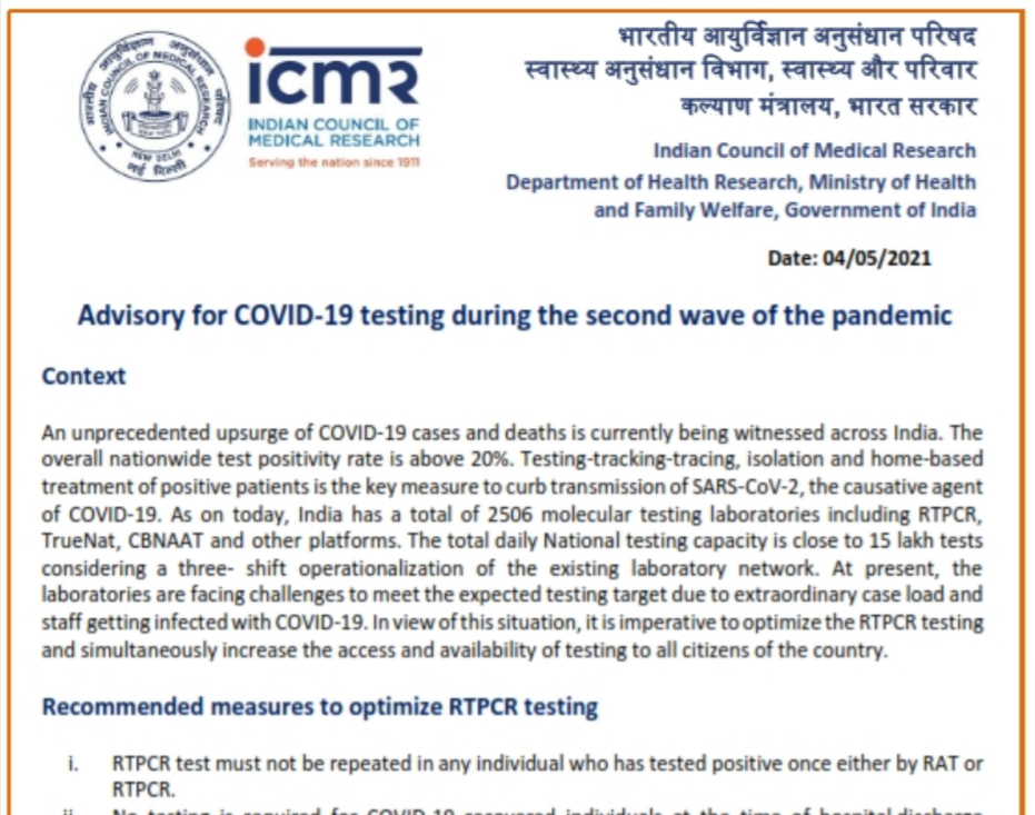 Advisory for Covid-19 test by ICMR