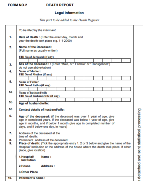Death Certificate form for the state of Maharashtra