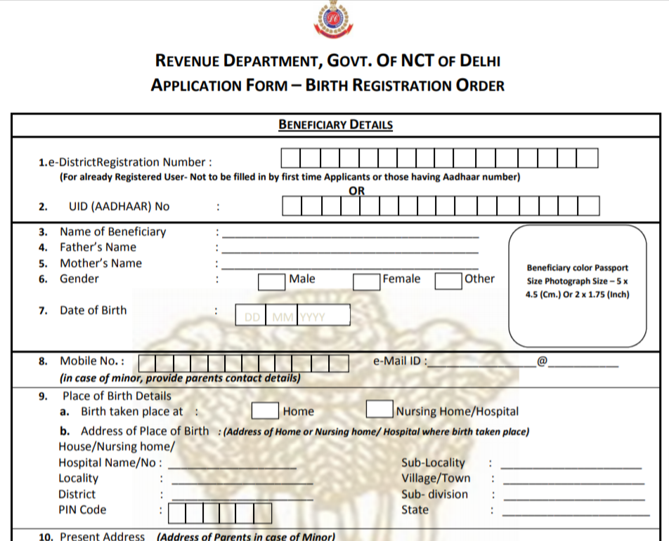Download Birth Certificate form for the National Capital Territory of  Delhi