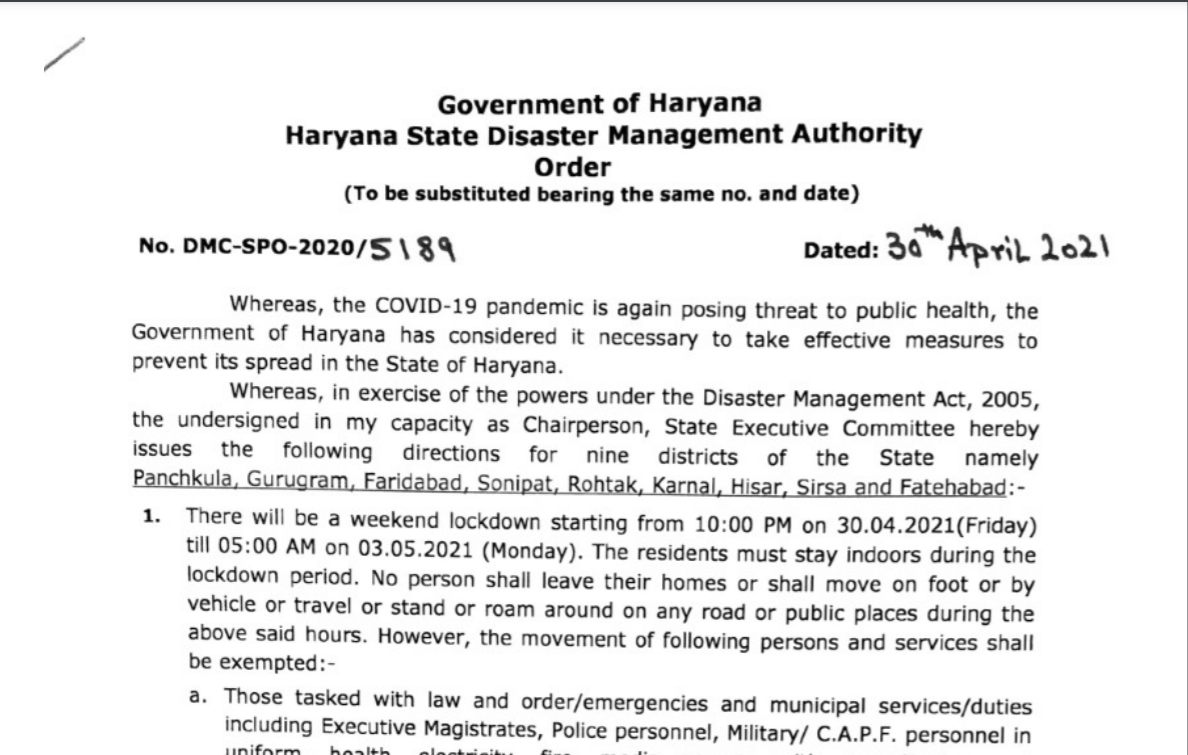 Haryana weekend lockdown guidelines