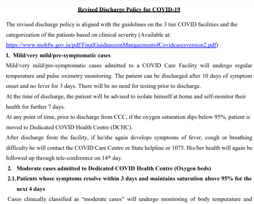 COVID 19 - Revised Discharge Policy