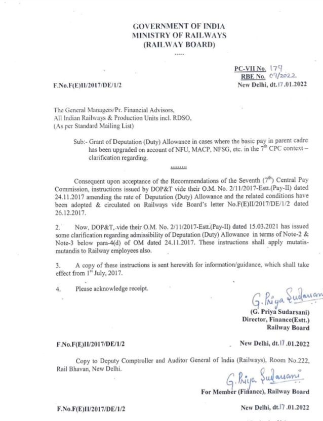 7th Pay Commission - Grant of Deputation (Duty) Allowance in cases where the basic pay in parent cadre
