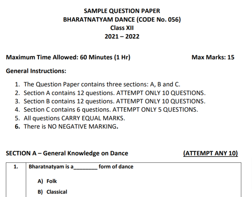 CBSE Class 12 Term 2 Bharatanatyam Sample Question Papers 2021-22 PDF
