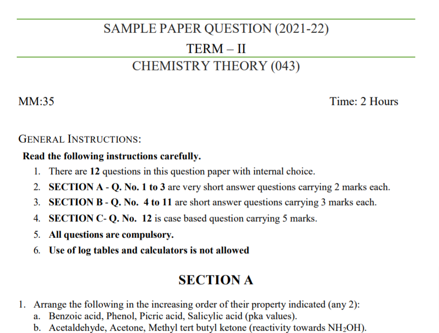 CBSE Class 12 Term 2 Chemistry Sample Question Papers 2021-22 PDF