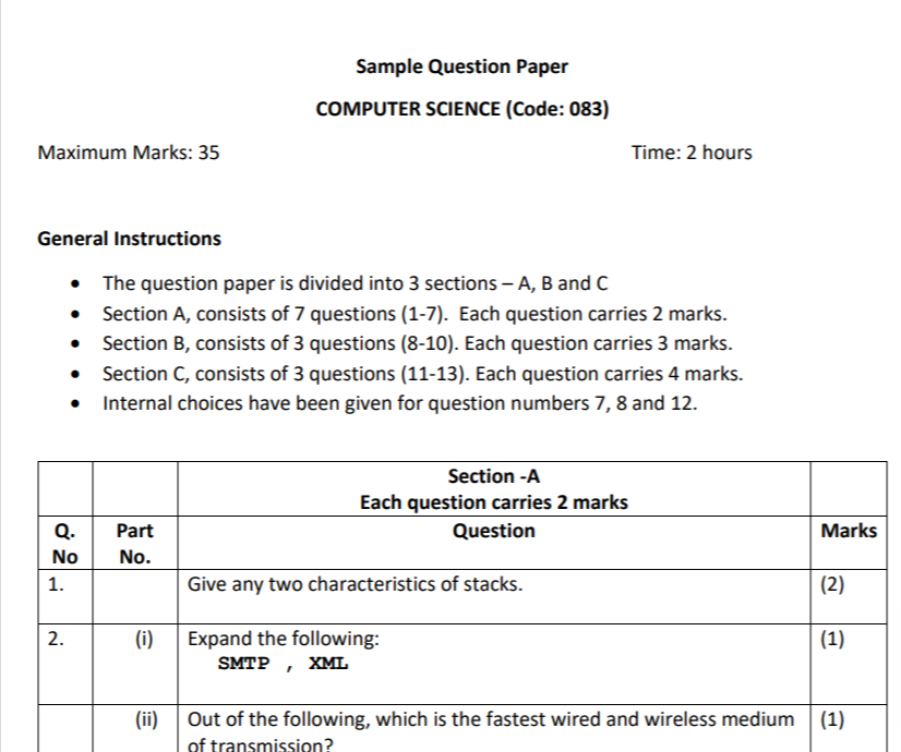 CBSE Class 12 Term 2 Computer Science Sample Question Papers 2021-22 PDF