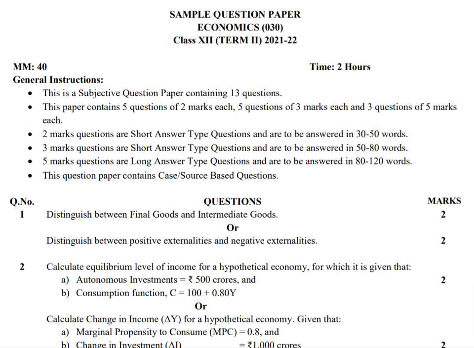 CBSE Class 12 Term 2 Economics Sample Question Papers 2021-22 PDF