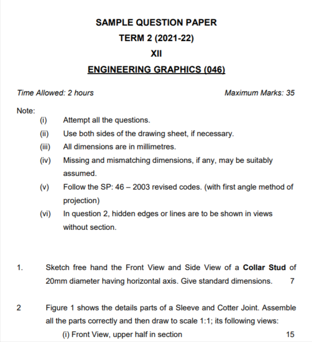 CBSE Class 12 Term 2 Engineering Graphics Sample Question Papers 2021-22 PDF