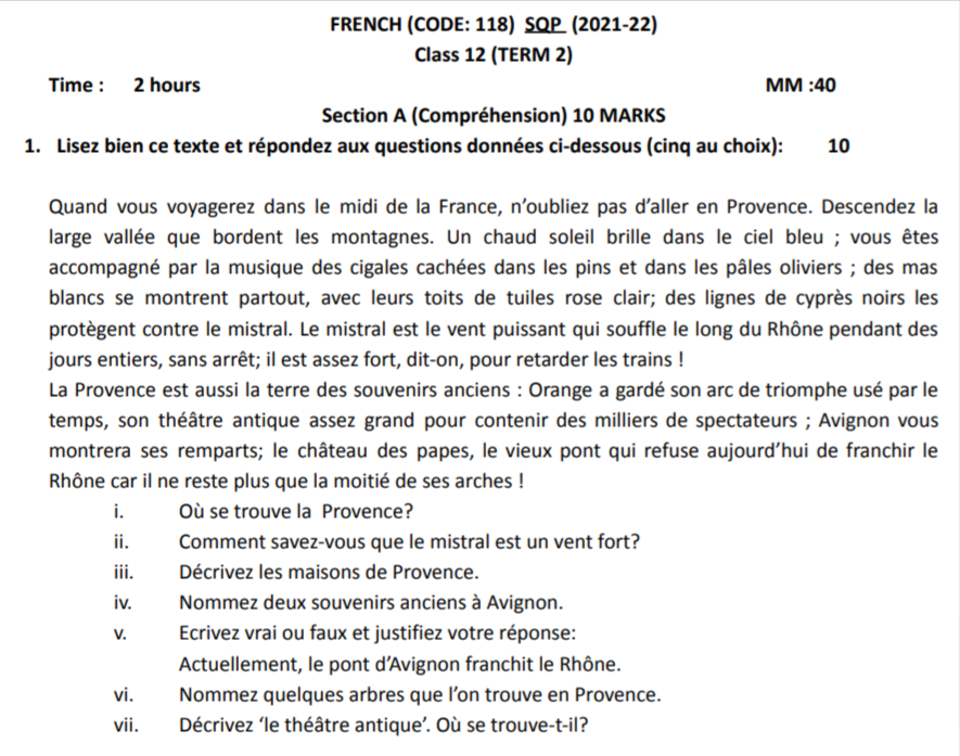 CBSE Class 12 Term 2 French Sample Question Papers 2021-22 PDF