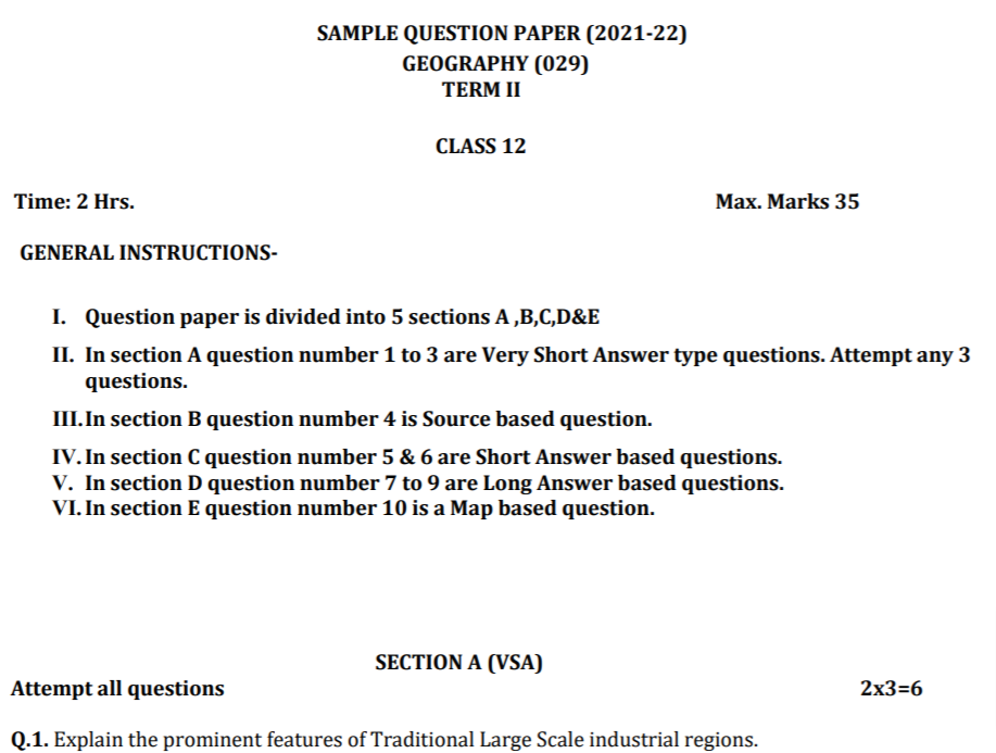 CBSE Class 12 Term 2 Geography Sample Question Papers 2021-22 PDF