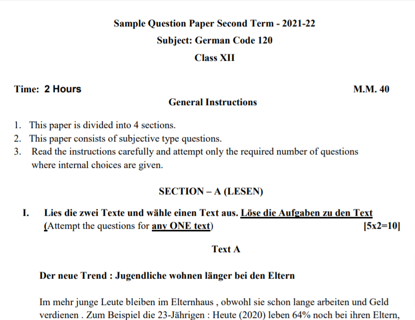CBSE Class 12 Term 2 German Sample Question Papers 2021-22 PDF