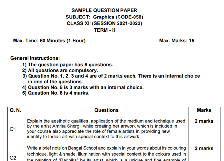CBSE Class 12 Term 2 Graphic Sample Question Papers 2021-22 PDF