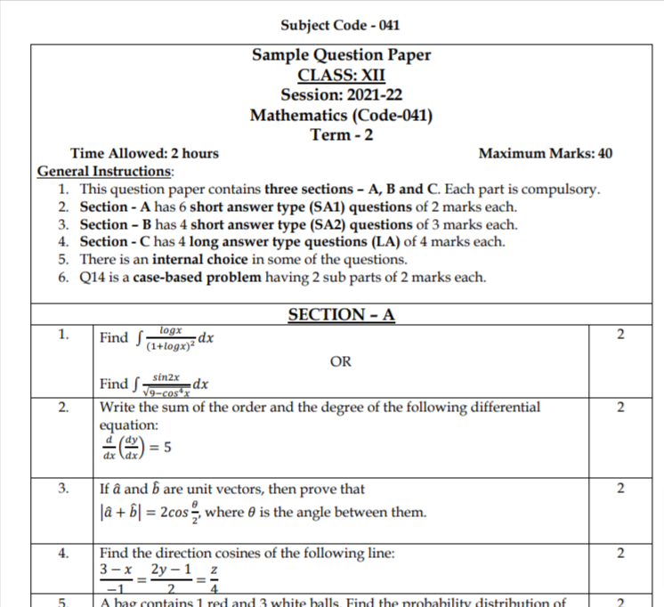 CBSE Class 12 Term 2 Mathematics Sample Papers 2021-22