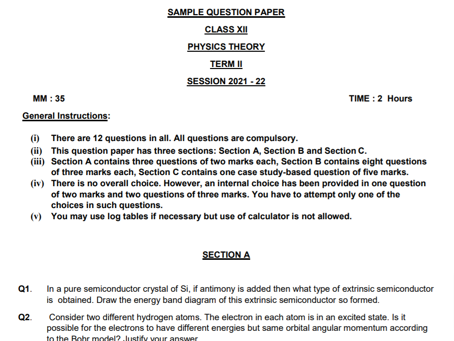 CBSE Class 12 Term 2 Physics Sample Question Papers 2021-22 PDF
