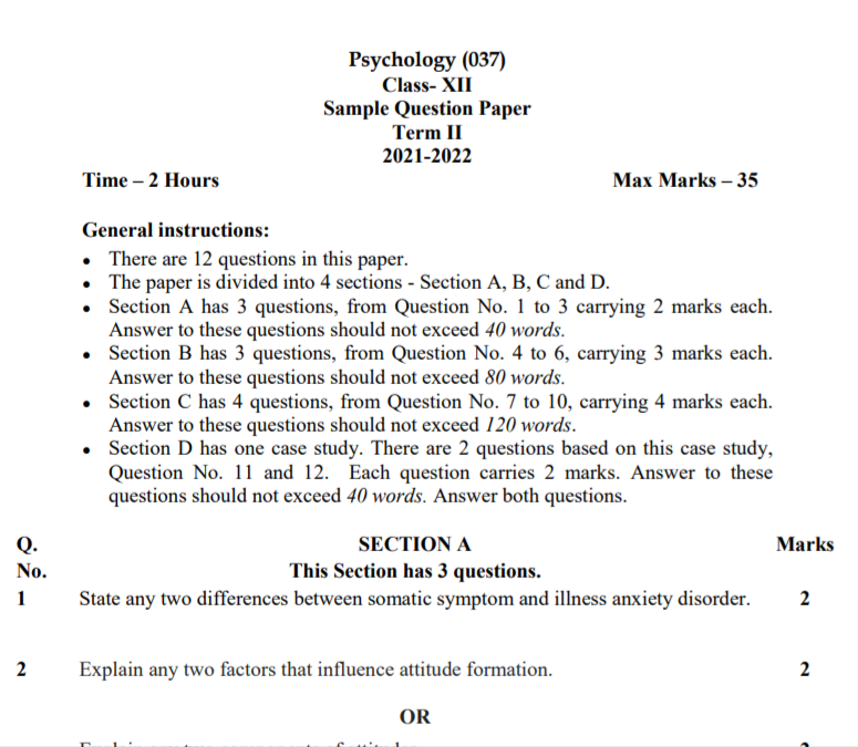 CBSE Class 12 Term 2 Psychology Sample Question Papers 2021-22 PDF