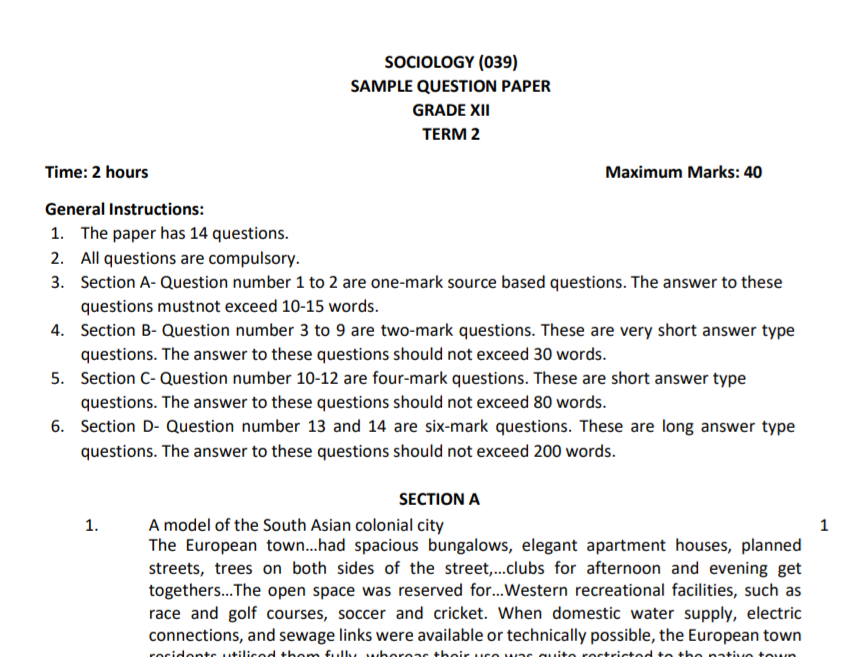 CBSE Class 12 Term 2 Sociology Sample Question Papers 2021-22 PDF