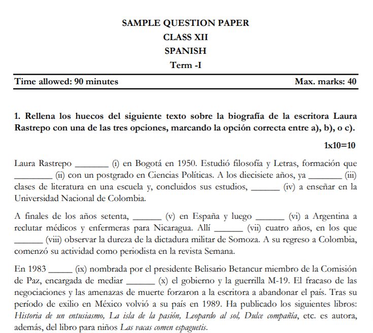 CBSE Class 12 Term 2 Spanish Sample Question Papers 2021-22 PDF