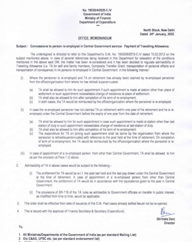 Finmin Order : Payment of Travelling Allowance - Concessions to person re-employed in Central Government service