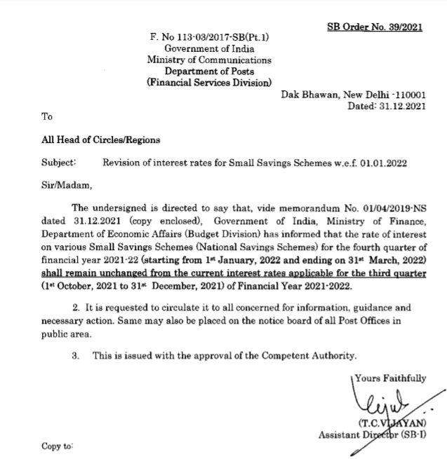 Post Office - Revision of interest rates for Small Savings Schemes w.e.f. 01.01.2022