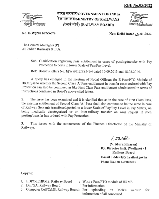 Railway - Pass entitlement of posting transfer with Pay Protection- Clarification