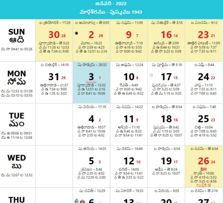 Andhra Pradesh Telugu Calendar 2022 PDF Download Govtempdiary