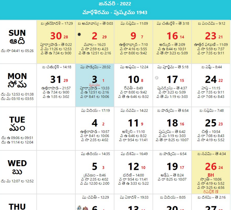 Telugu Calendar 2022 for State of Andhra Pradesh