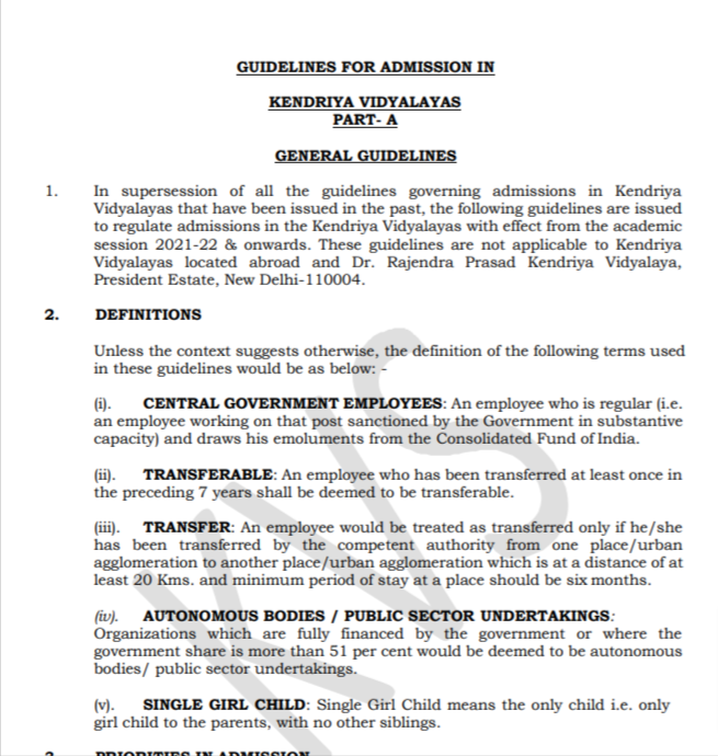 Kendriya Vidyalaya Admission Guidelines 2021-22 PDF