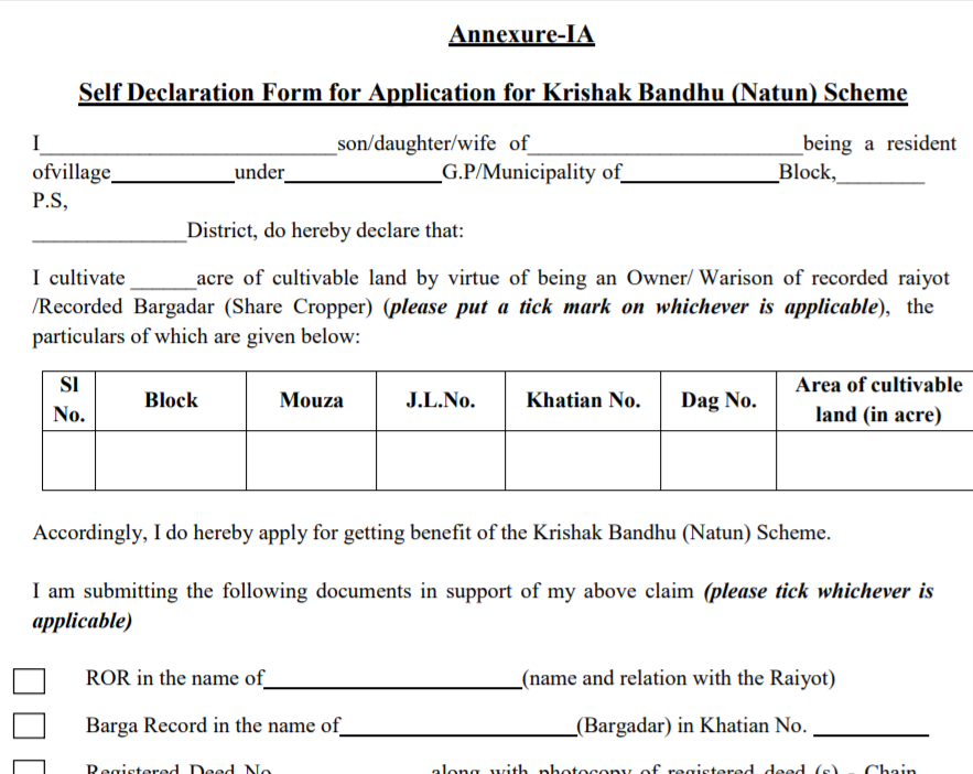Krishak Bandhu Scheme Self Declaration Form PDF