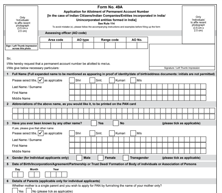 Pan Card Application Form 49A PDF