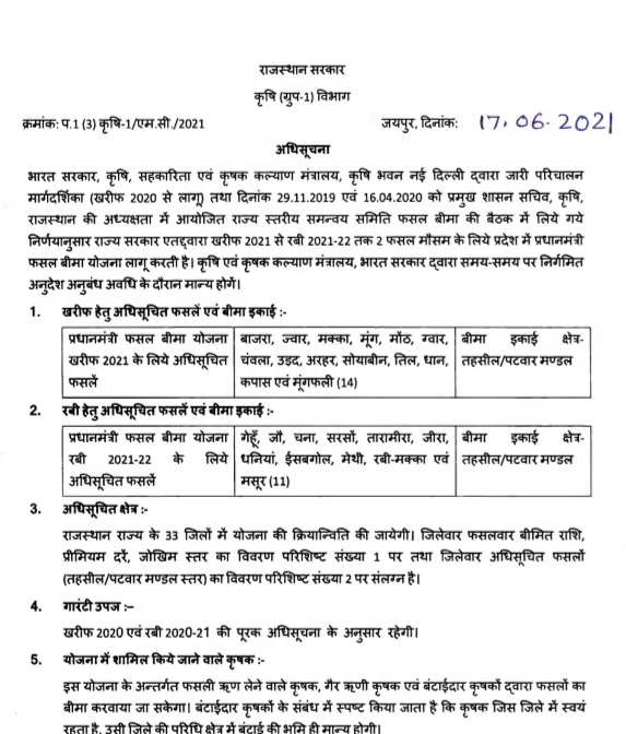 Rajasthan Fasal Bima Yojana in Hindi of 2022 PDF