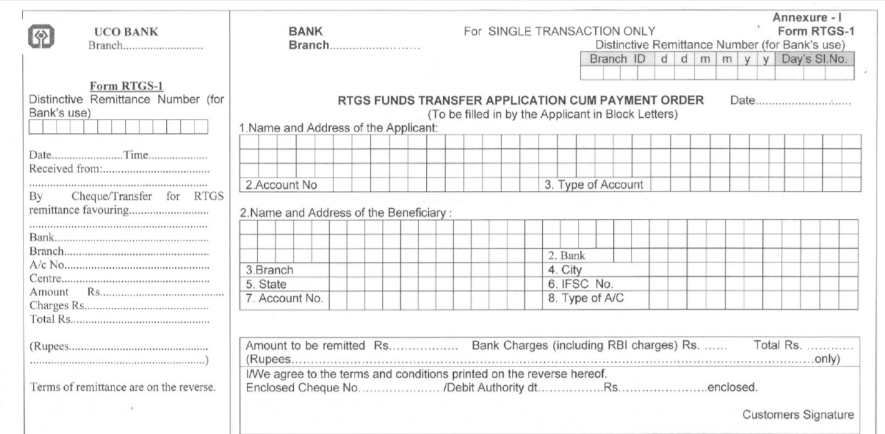UCO Bank RTGS/NEFT Form PDF