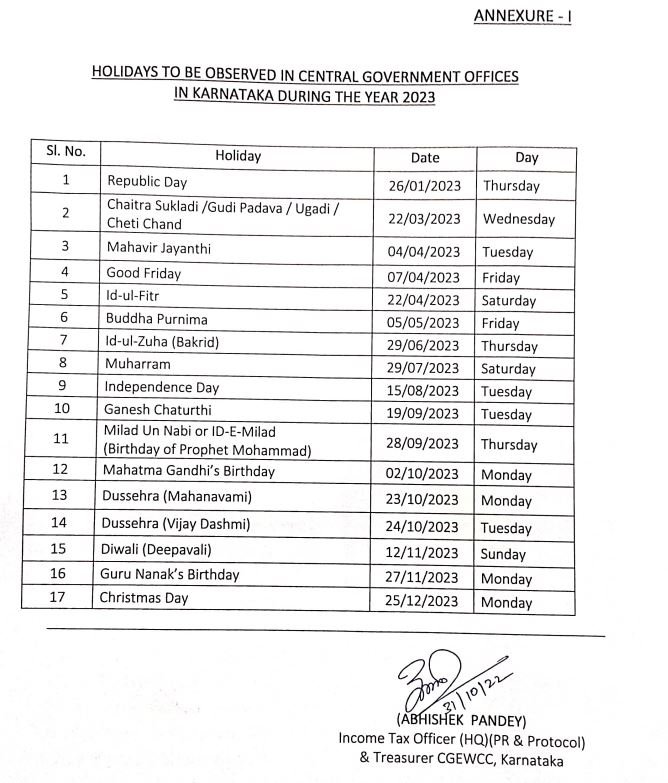 Karnataka Central Govt. Offices Holidays During The Year 2023