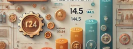 Infographic displaying the Consumer Price Index for Industrial Workers (CPI-IW) for November 2024, featuring a bar chart with key regions like Delhi, Mumbai, Chennai, and Kolkata, and highlighting the All-India CPI-IW value at 144.5. The design includes icons representing inflation, workers, and economic trends, with a clean and professional layout
